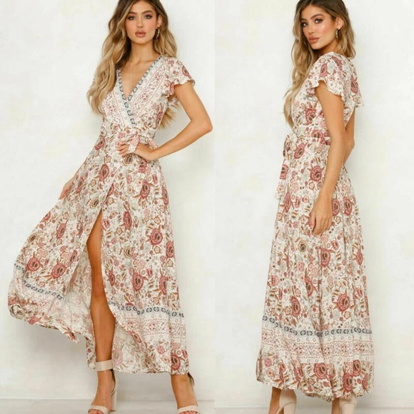 HP❤️New Women Fashion Boho Summer Side Split Deep V Neck Maxi Dress Sz S - Picture 7 of 11